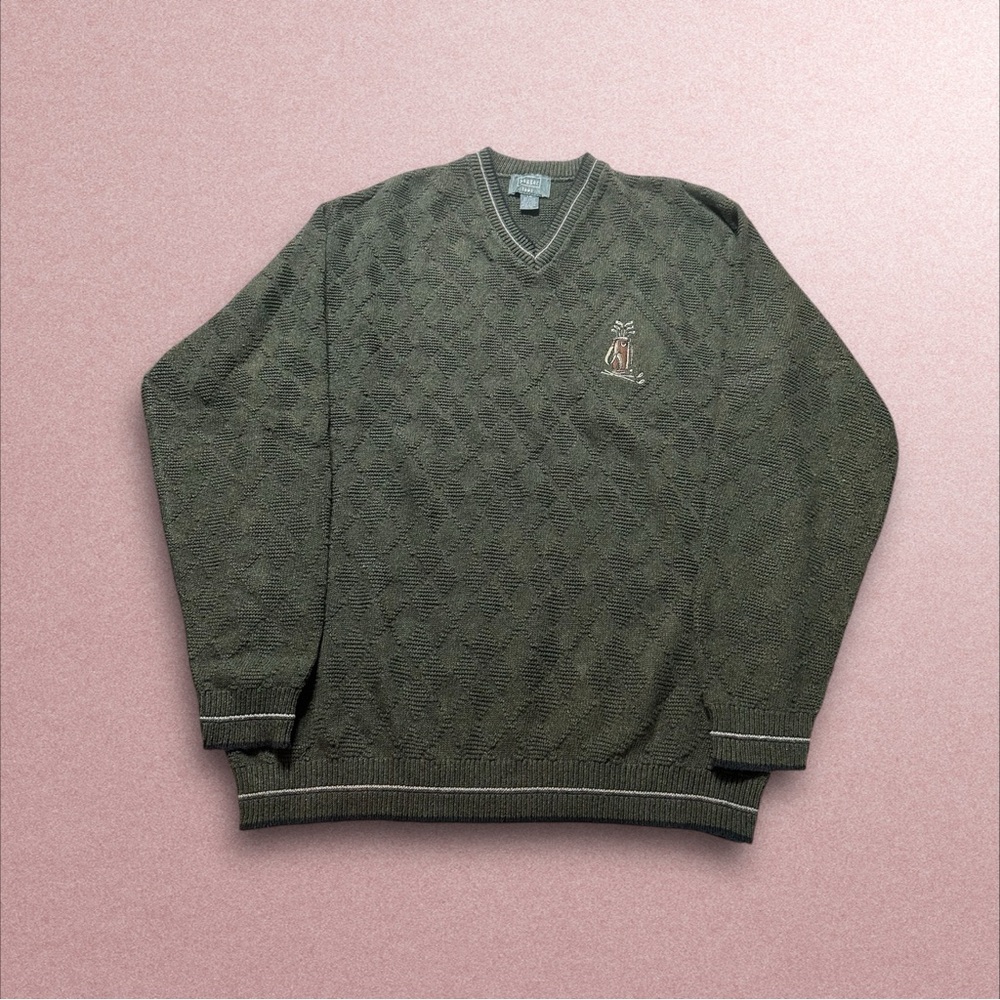 Vintage Haggar Tour Knit Sweater Mens large Embroidered Bag Green V-neck 90s